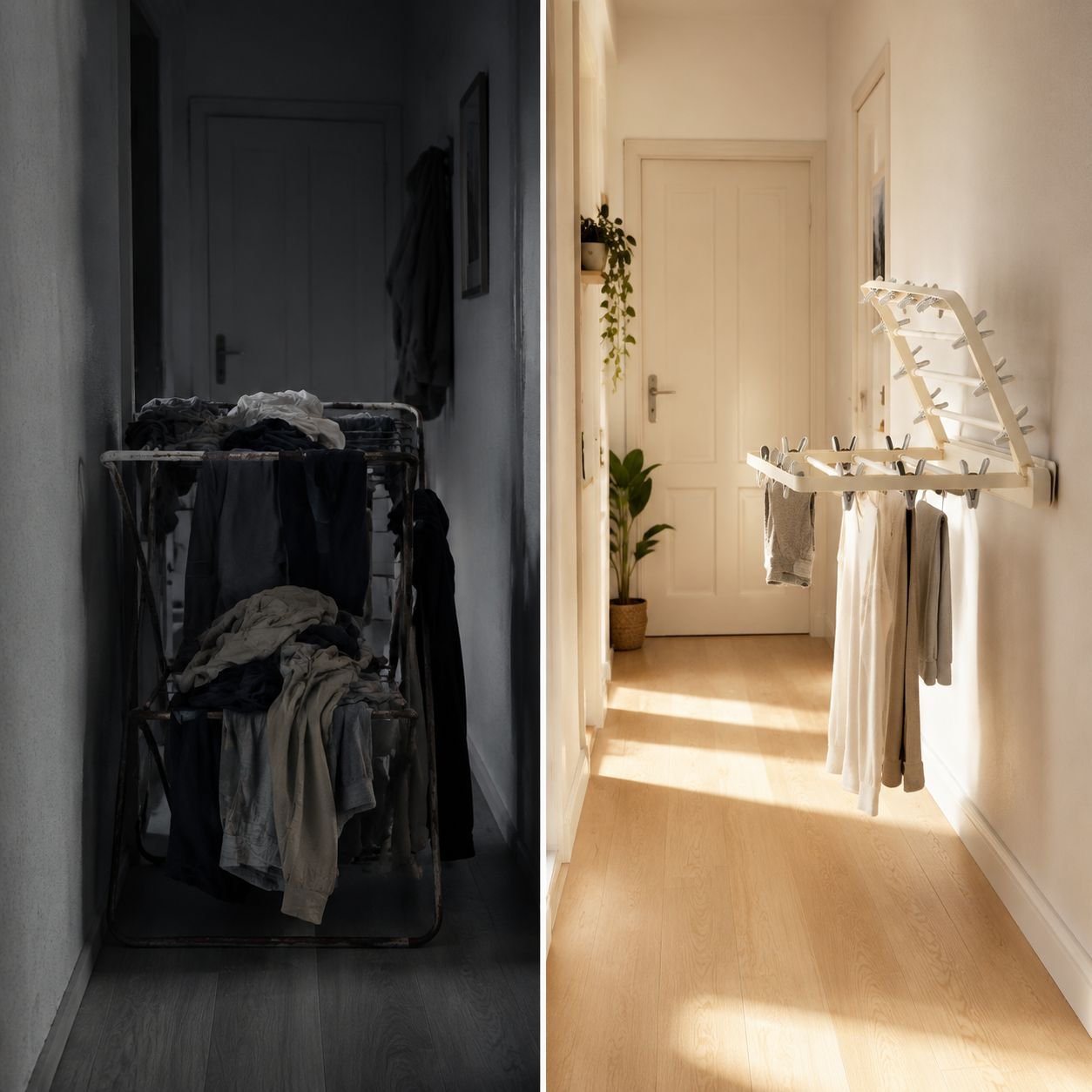 Stanzfreier, wandmontierter, klappbarer Kleiderständer mit Handtuchhalter im modernen Wohnzimmer