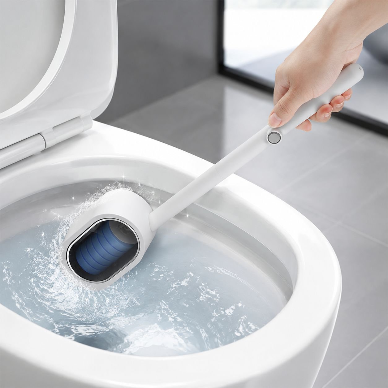 壁に取り付けた状態の使い捨てトイレブラシ