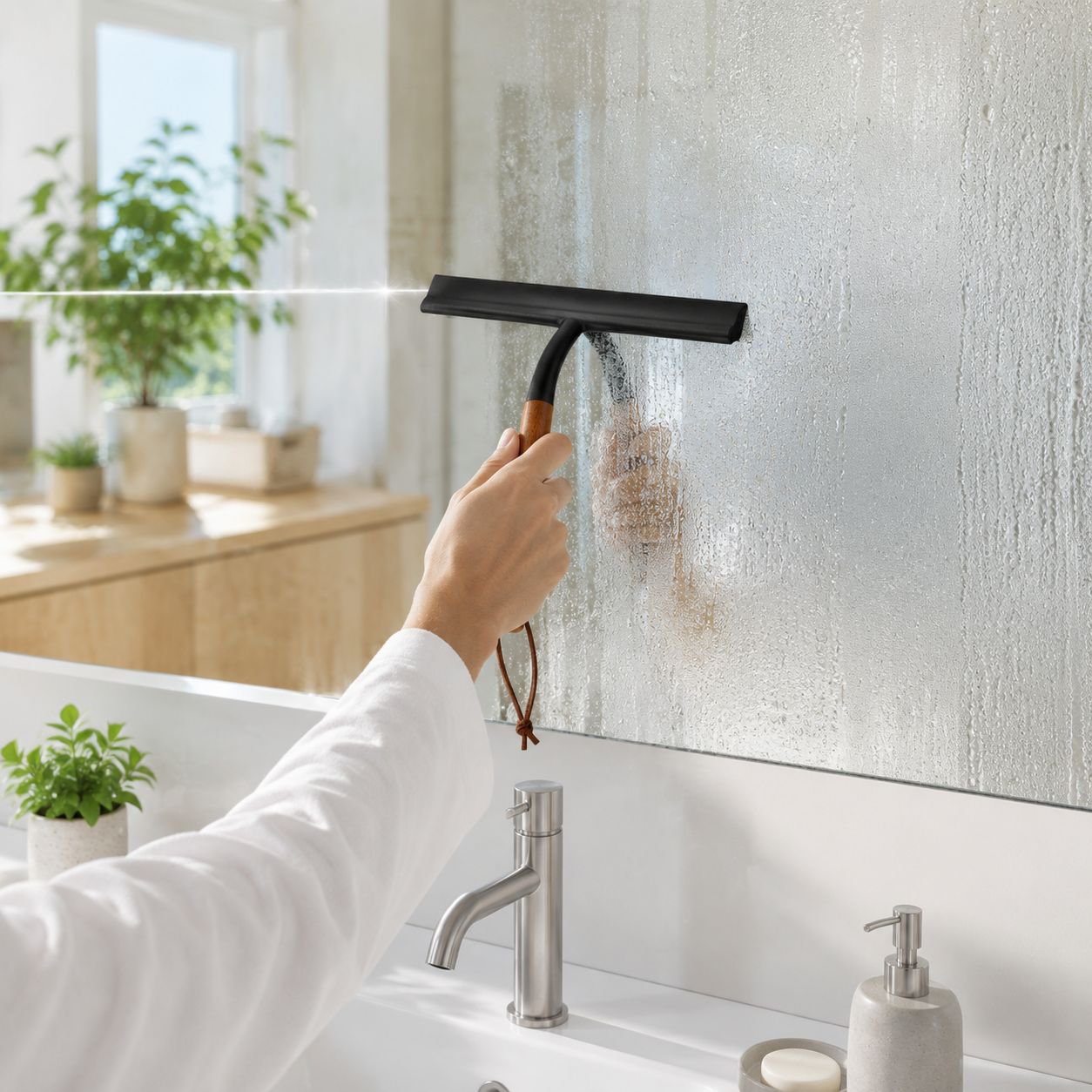 Silicone squeegee cleaning tool removing water from glass