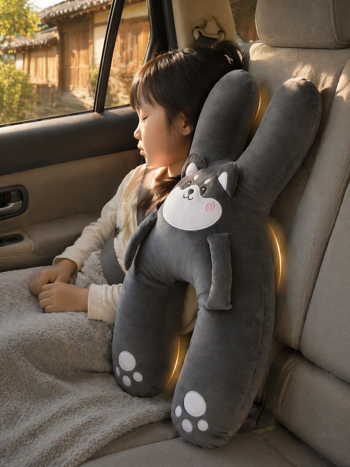 車用枕／車内睡眠用枕は、長距離ドライブをする子供にとって必需品であり、特にシートベルトで窒息を防ぐ必要がある車には欠かせません。