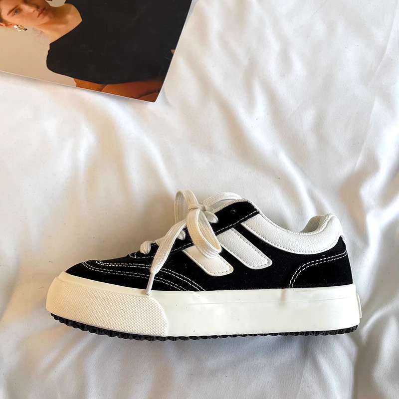 レトロ香港風デザインの黒キャンバスレディースシューズ