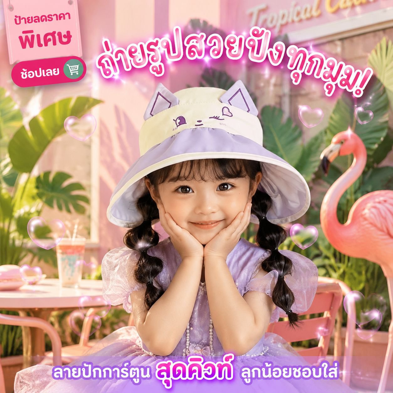 หมวกปีกกว้างกันแดดเด็กผู้หญิงแบบบางสำหรับฤดูร้อน