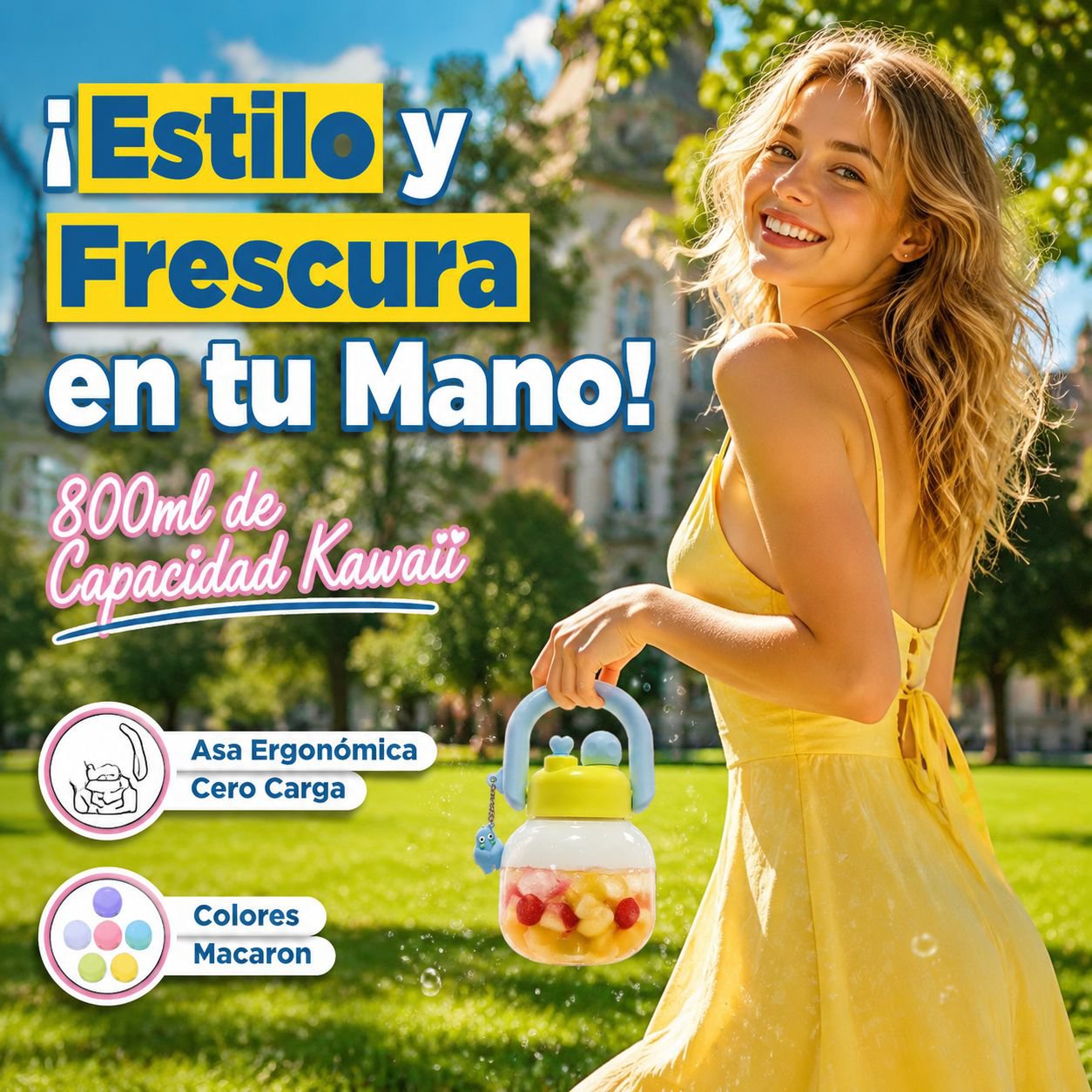 Botella de plástico con doble boquilla y asa, gran capacidad para niños y estudiantes