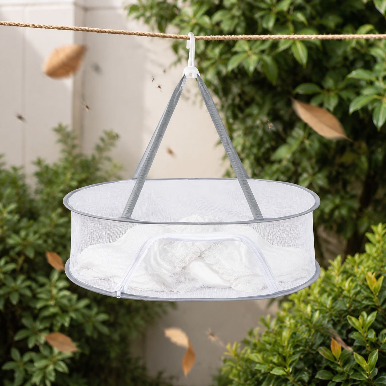 Close-up of secure zipper on laundry drying net basket