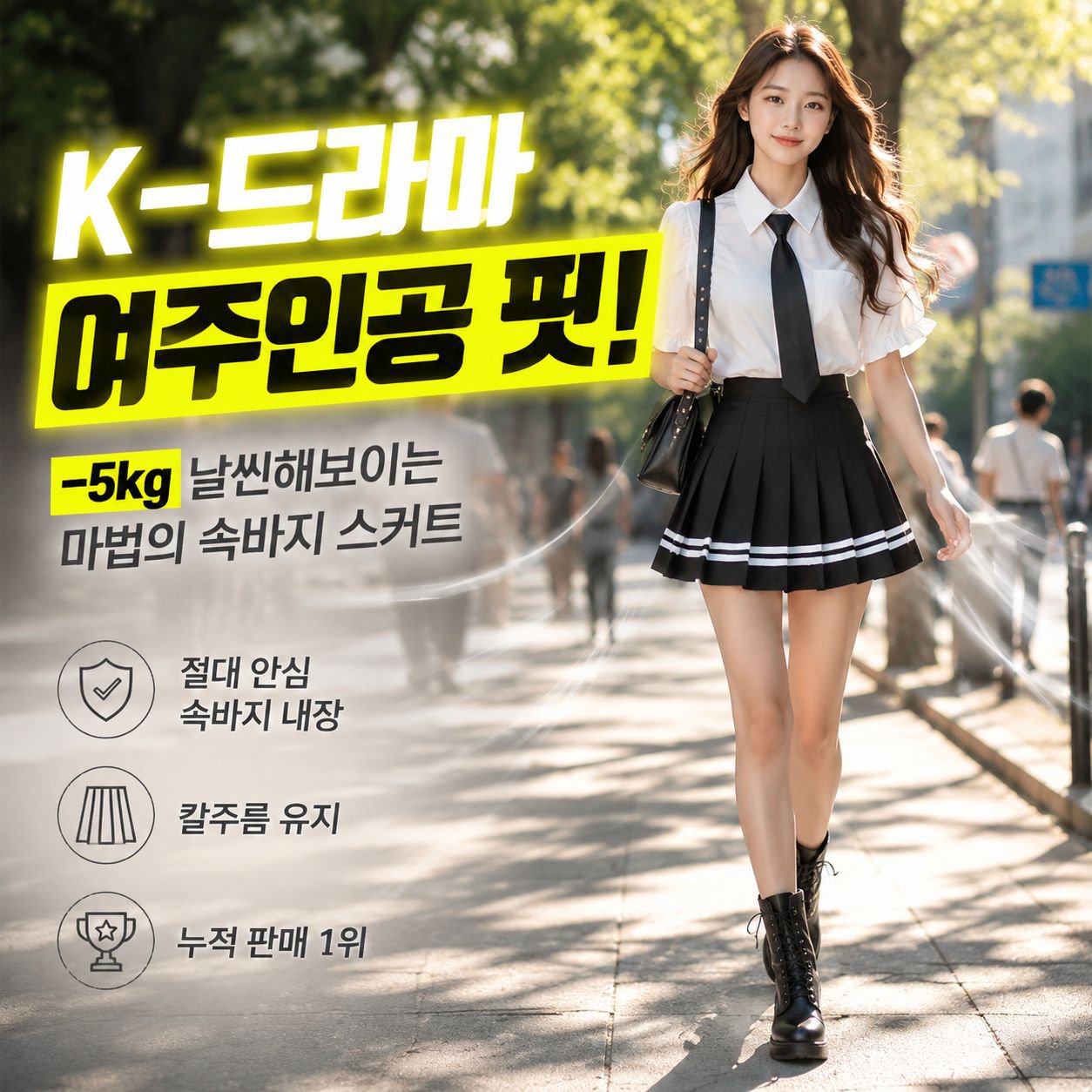 학생 플리츠 스커트 속바지 포함 하이웨스트 스트라이프 A라인 미니 스커트