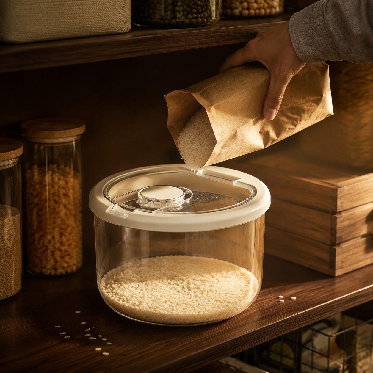 Transparent storage box filled with rice and flour