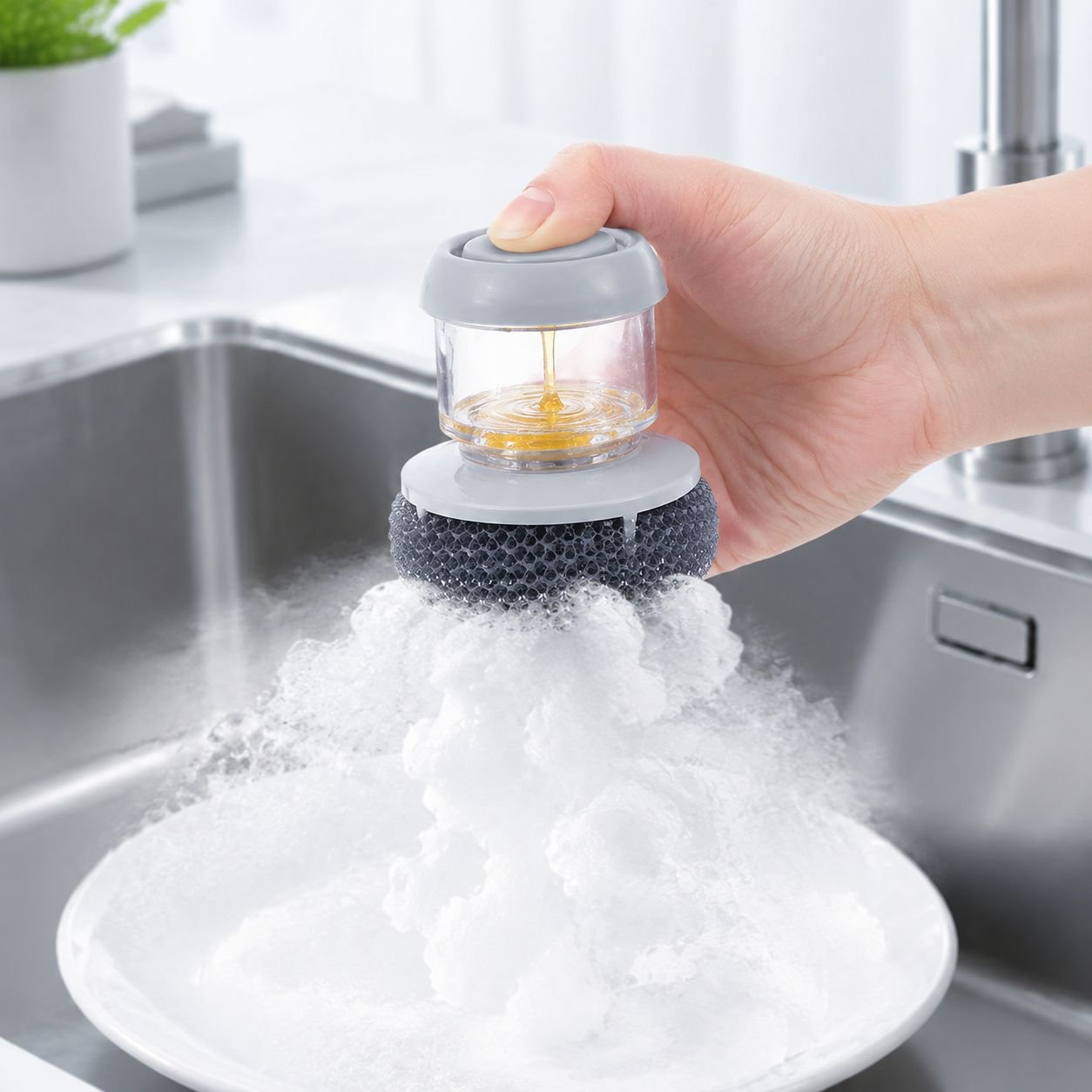 Kitchen Brush with Soap Dispenser, Short Handle Sponge and Wire Ball