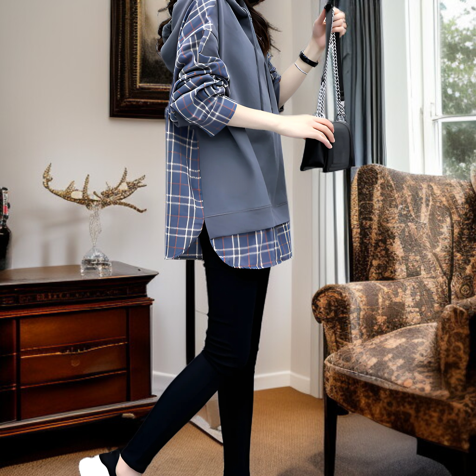 レディース チェック柄パッチワークフェイクツーピース 長袖スウェットシャツ 2025年春新作 ルーズフィット フード付き ミドル丈Tシャツ トップス