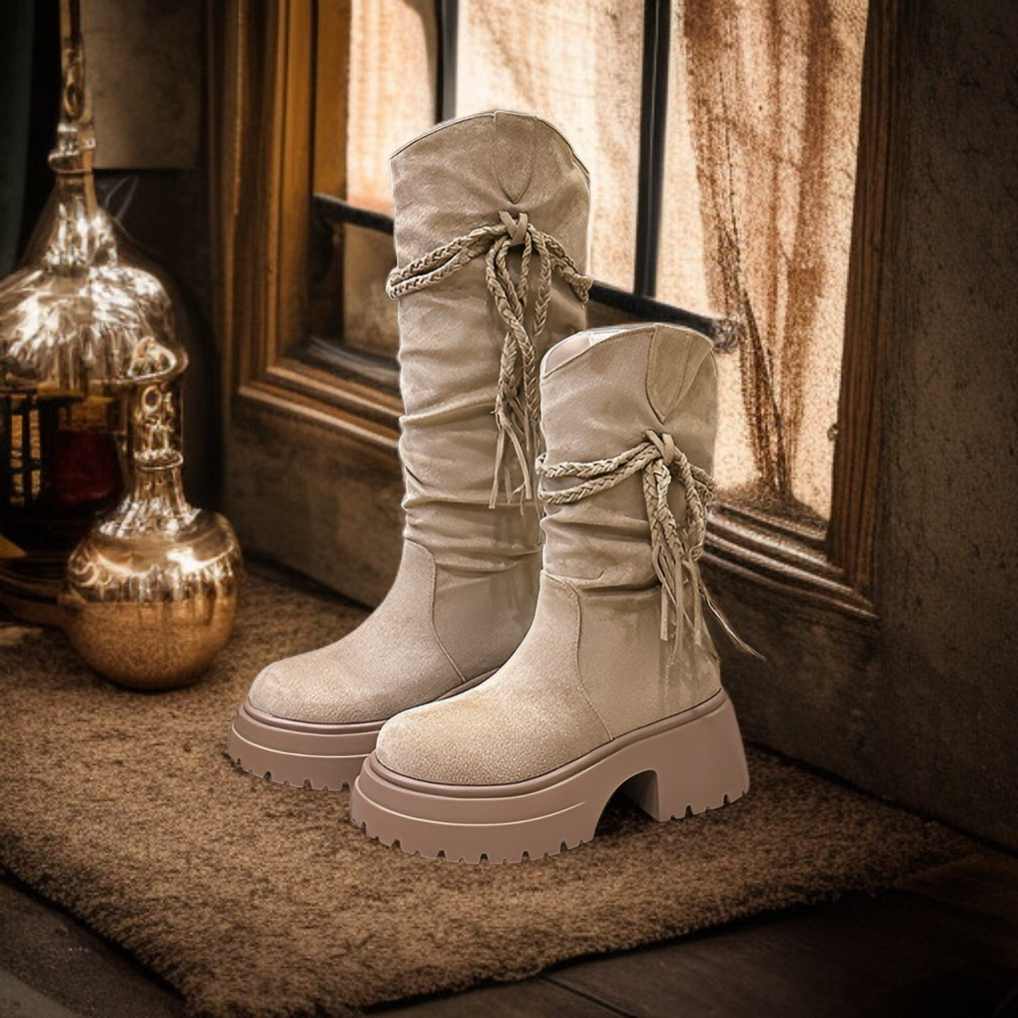 ウェイストランドスタイルのタッセル内側の高さを増やすウエスタンナイトブーツレディース秋冬レトロノースウェスト旅行着用ロングブーツ
