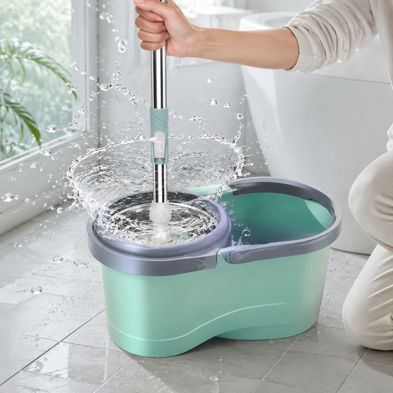 手を濡らさずに掃除できるモップの使用例