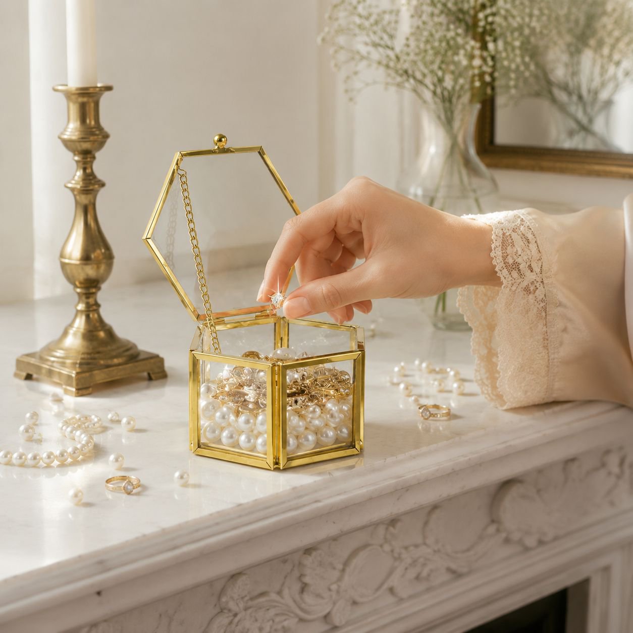 Hexagonal Gold Glass Jewelry Storage Box, Ring Display Box, Ornament