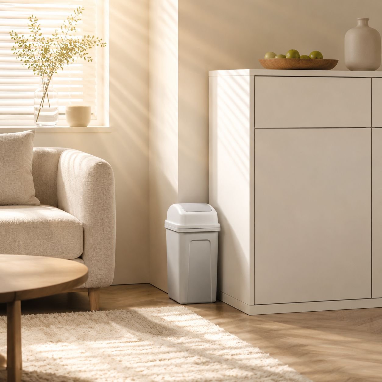 Household trash can with swing lid used in living room corner