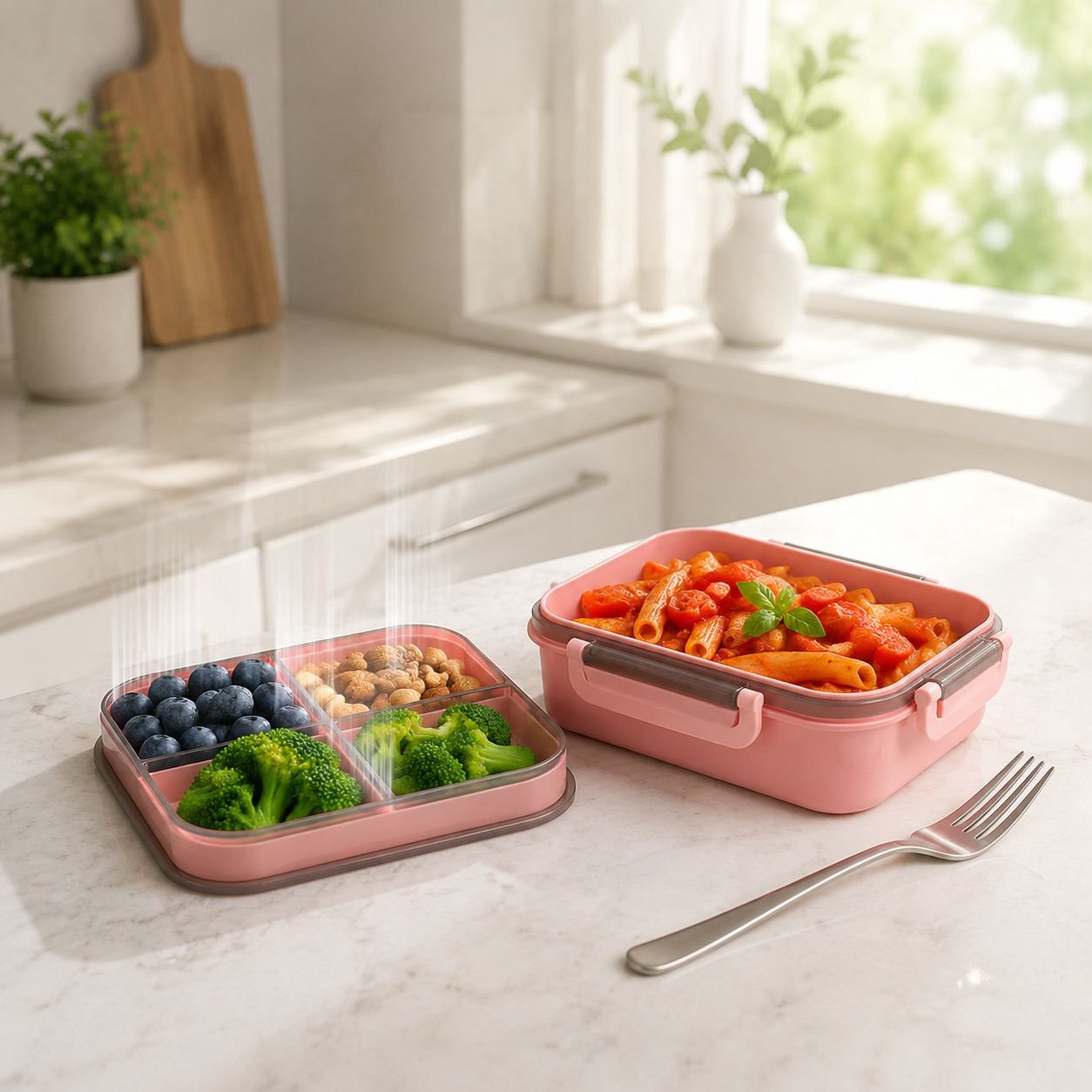 Doppelschichtige Studenten-Pendler-Lunchbox in Blau auf einem Tisch