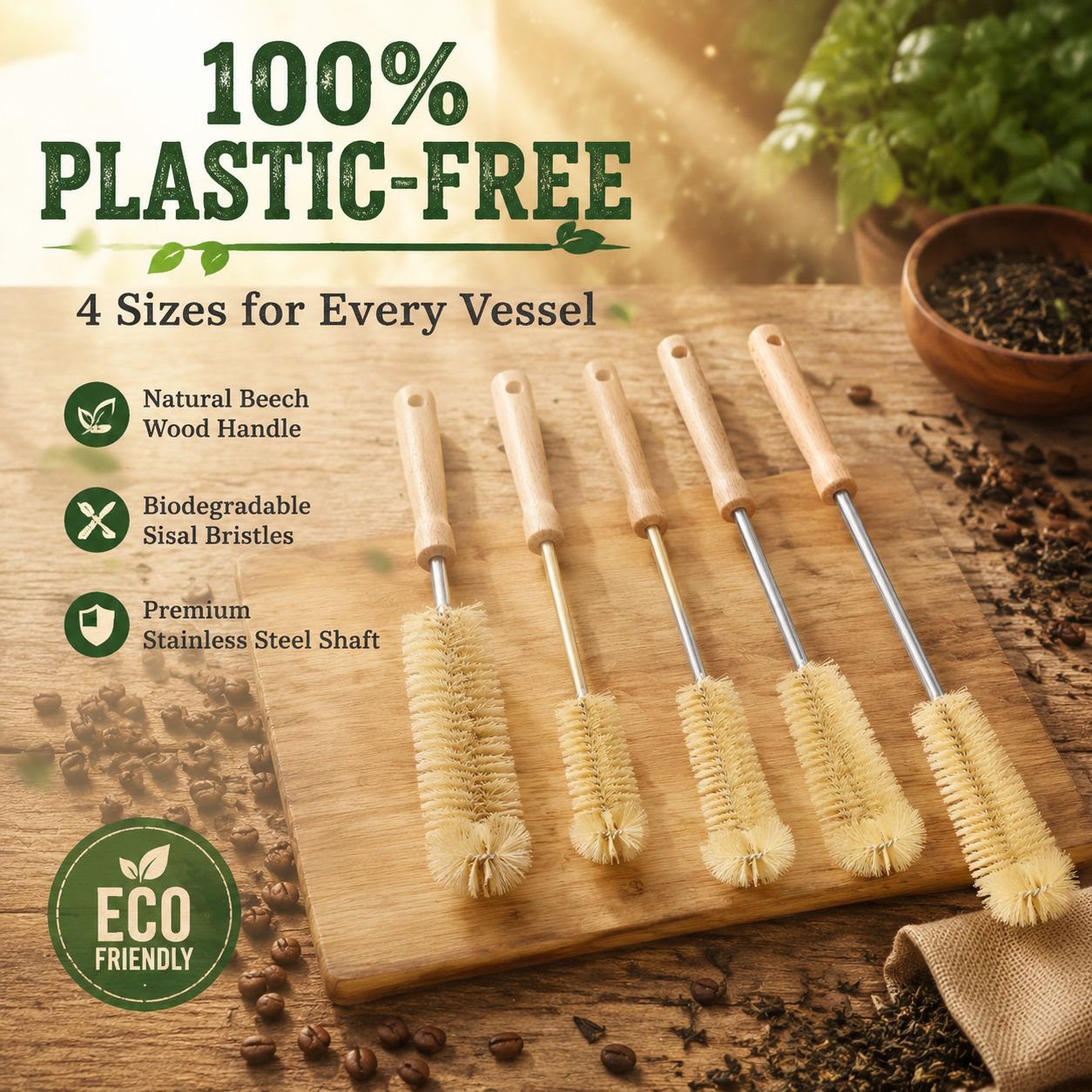 Long Wooden Handle Cleaning Brush for Bottles, Cups, and Glassware