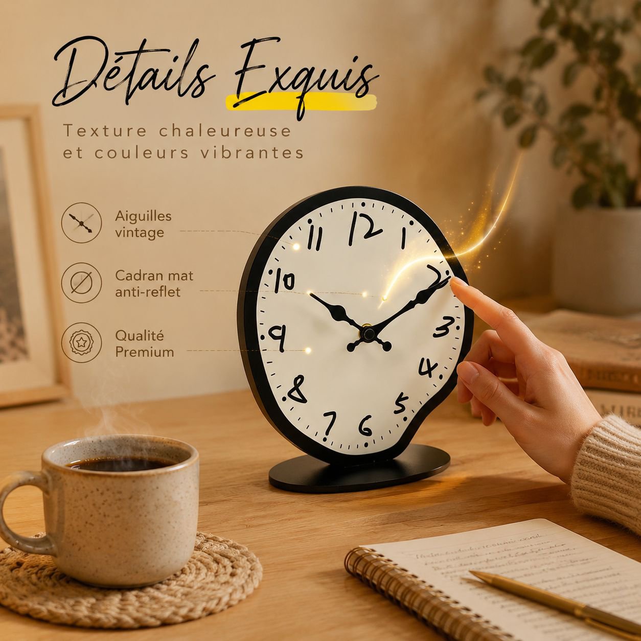 Horloge de bureau décorative en bois style nordique, silencieuse