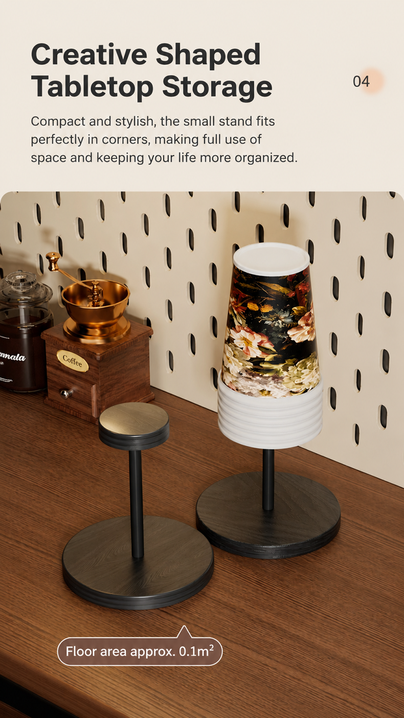 Walnut finish cup organizer for a neat coffee station