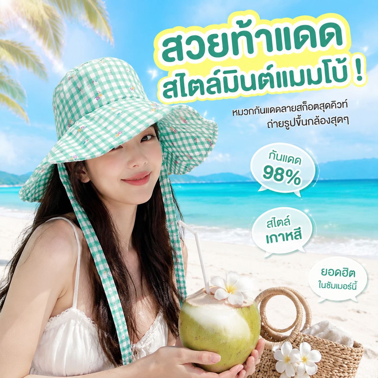 หมวกปีกกว้างลายดอกไม้สำหรับฤดูร้อน