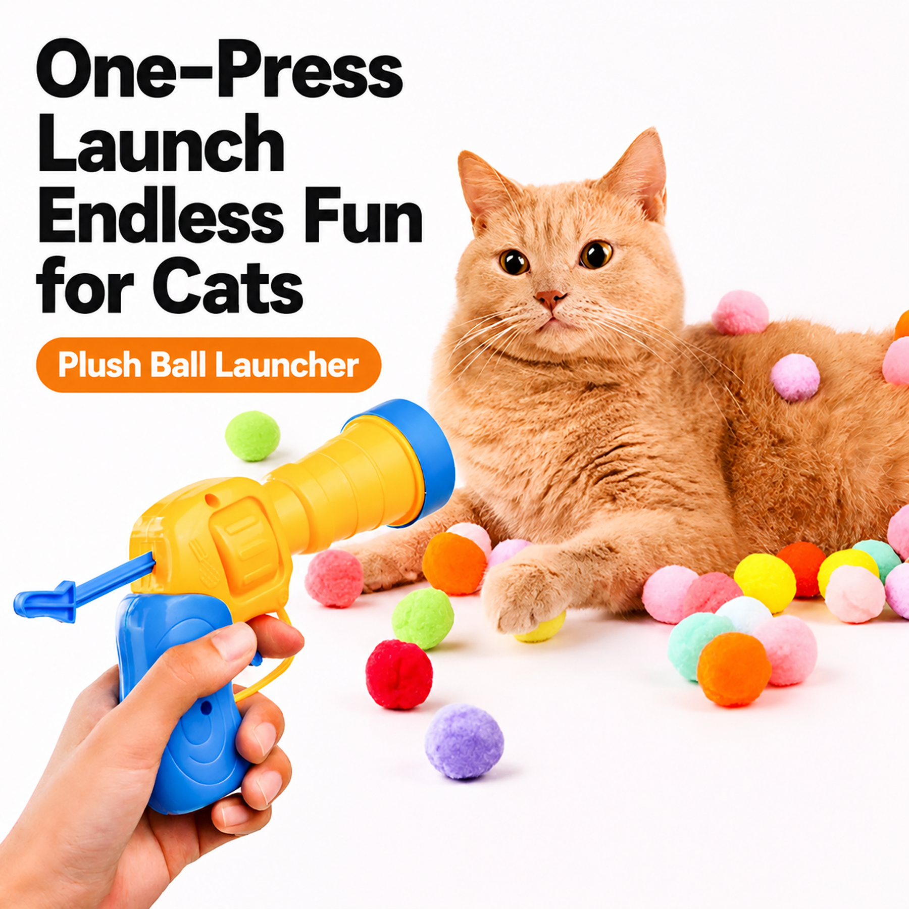 Cat self-entertainment interactive toy launcher, silent polyester high-elasticity pom-pom cat teaser