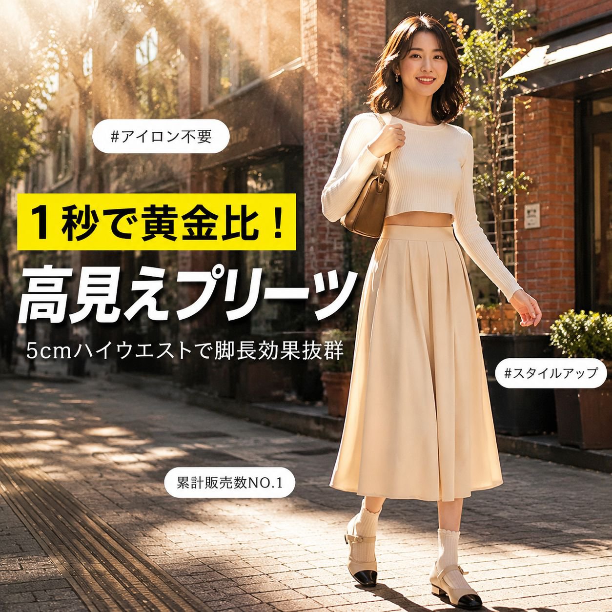 夏・ハイウエスト 小柄さん向けプリーツAラインスカート 黒 ミディ丈