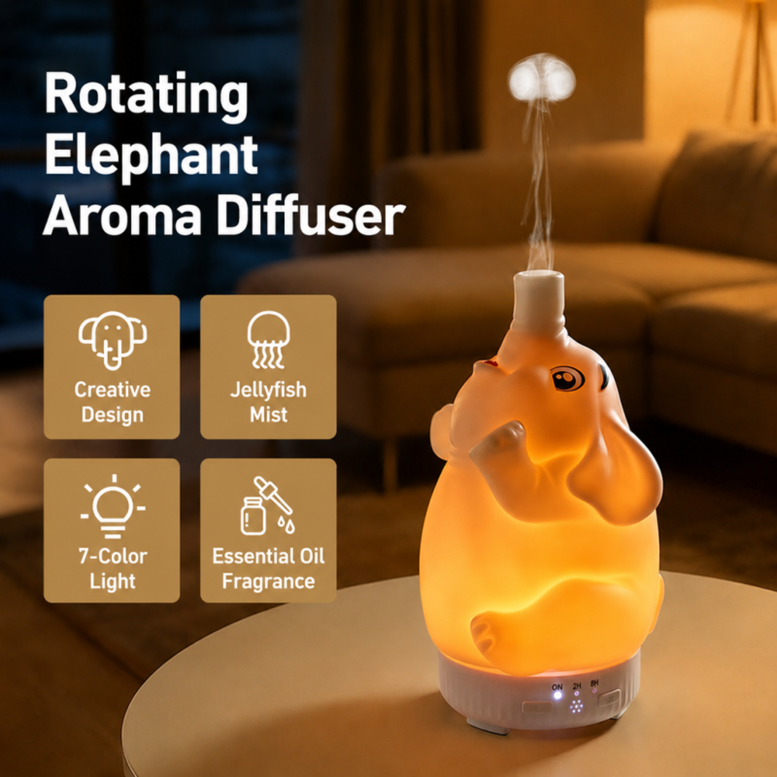 2026 New Rotating Elephant Aroma Diffuser with Seven-Color Lights, Jellyfish-Style Silent Mini Humid