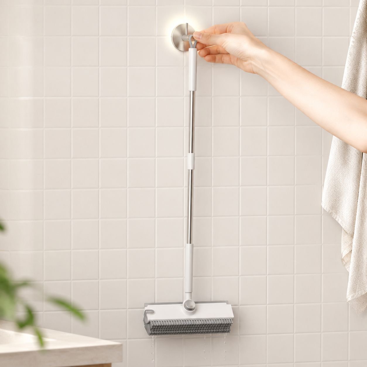 Deep cleaning with V-shaped floor brush in bathroom