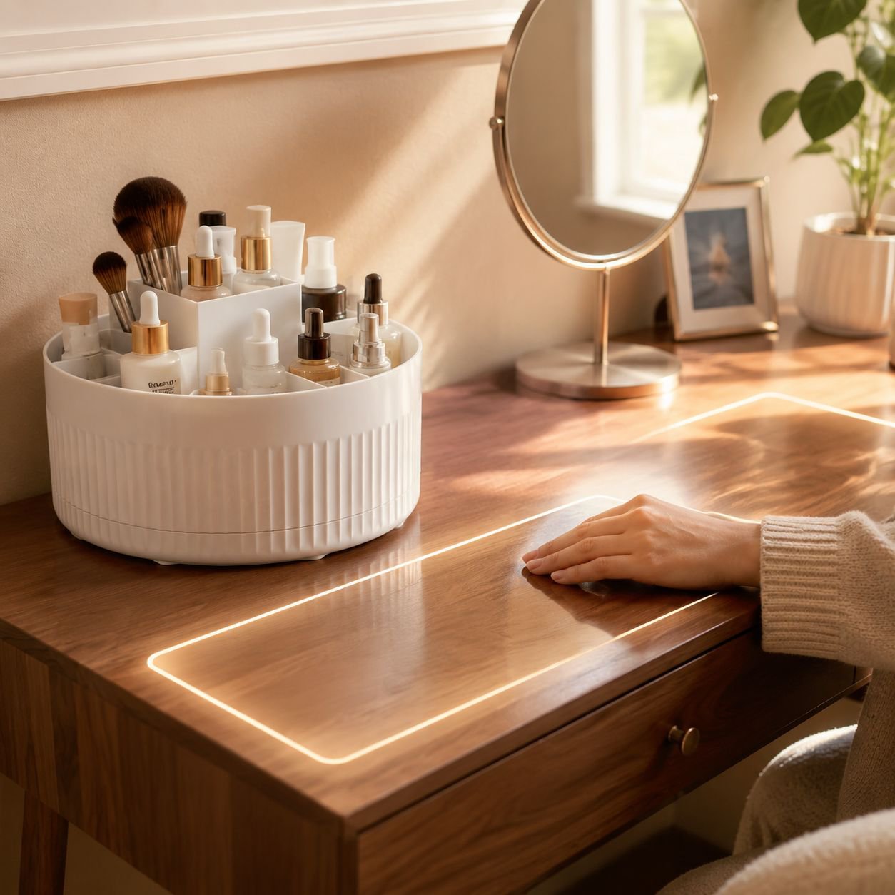 Rotating makeup brush holder on a vanity table