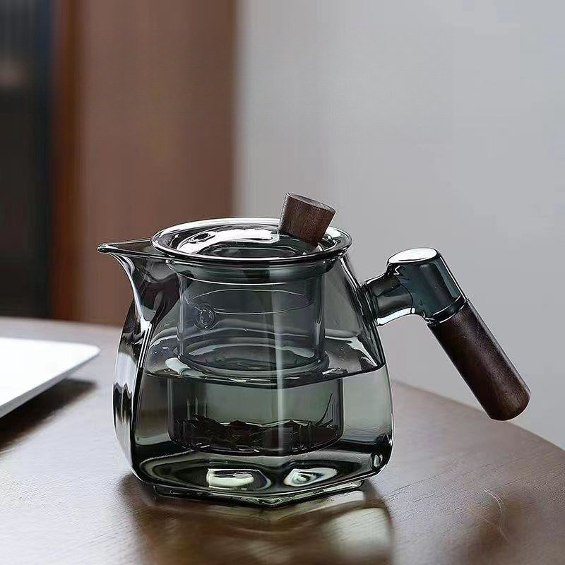 Hexagon High Borosilicate Glass Teapot with Wooden Handle