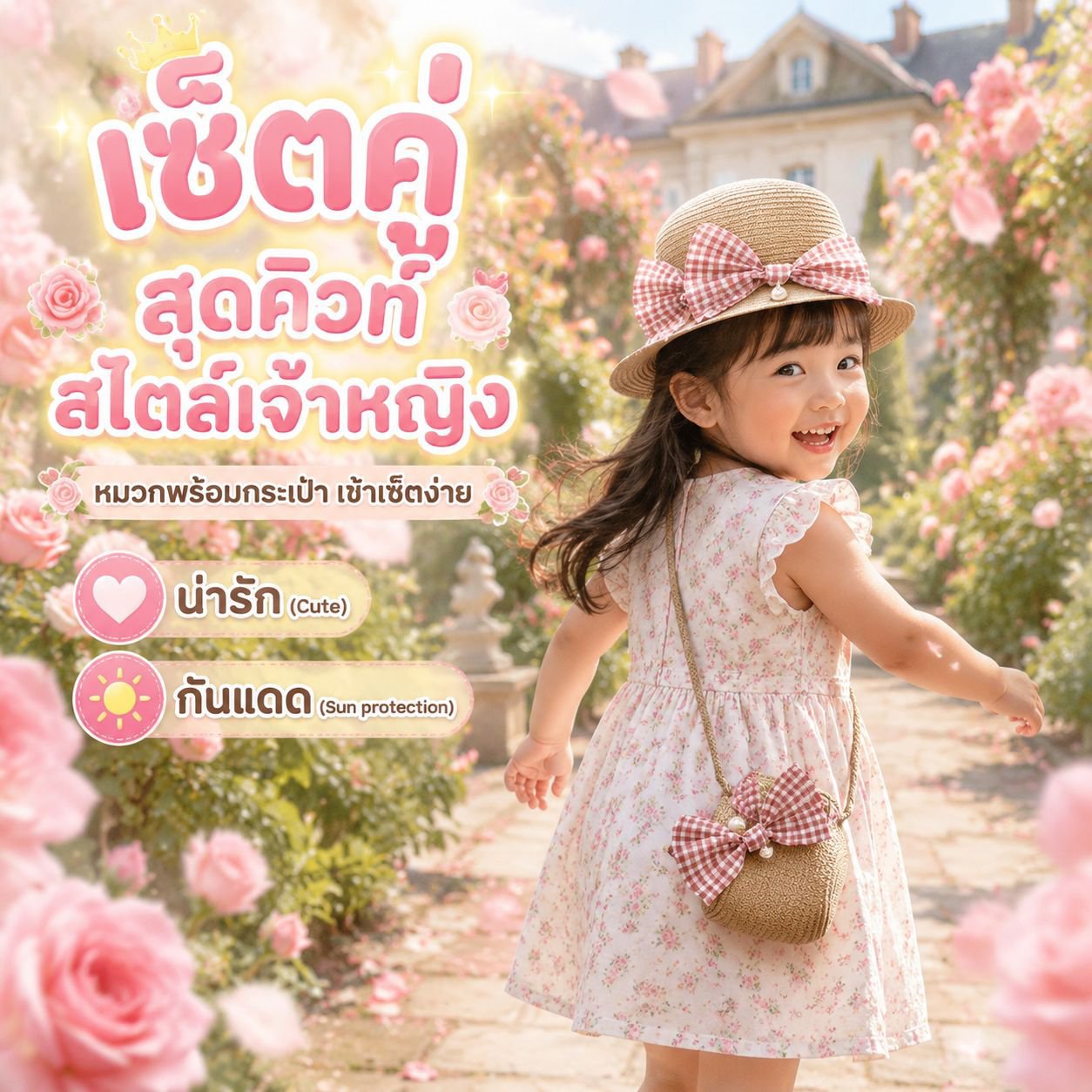 ชุดหมวกฟางเจ้าหญิงเด็กผู้หญิงพร้อมกระเป๋า หมวกกันแดดสำหรับหน้าร้อน