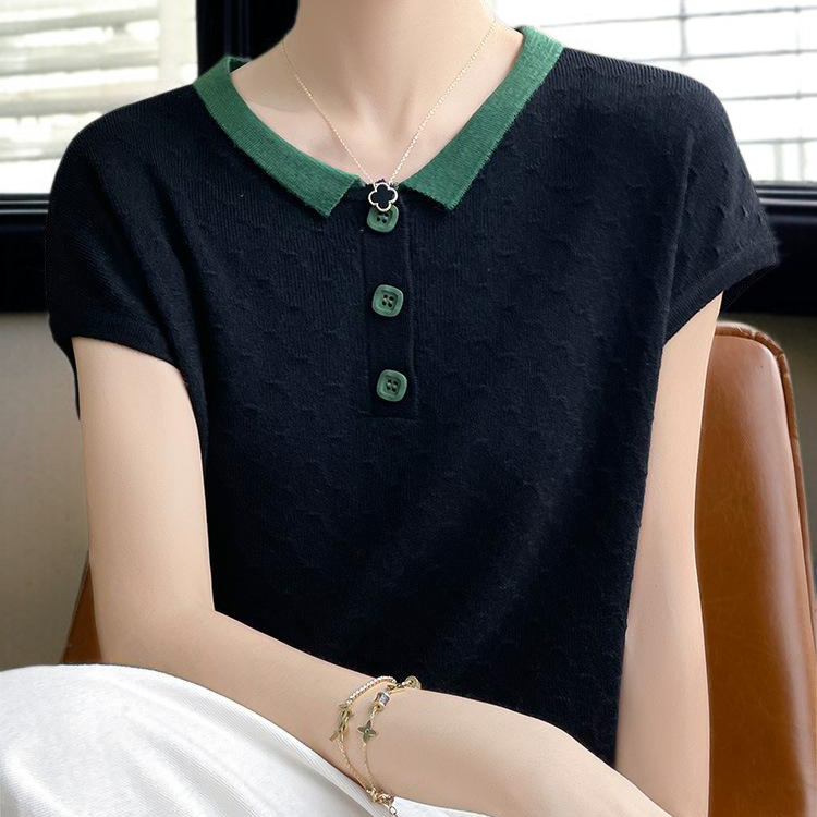 여성 니트 자카드  반팔 티 로우 니트 터틀넥 니트