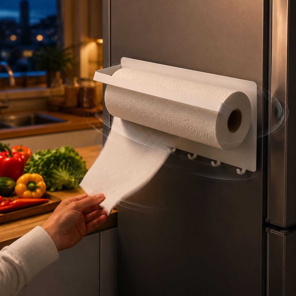 Seitlicher Halter am Kühlschrank für Küchenpapier und Frischhaltefolie