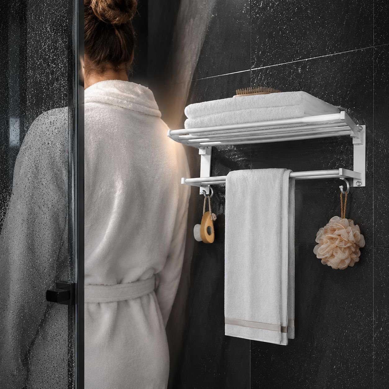 White No-Drill Bathroom Towel Shelf Rack
