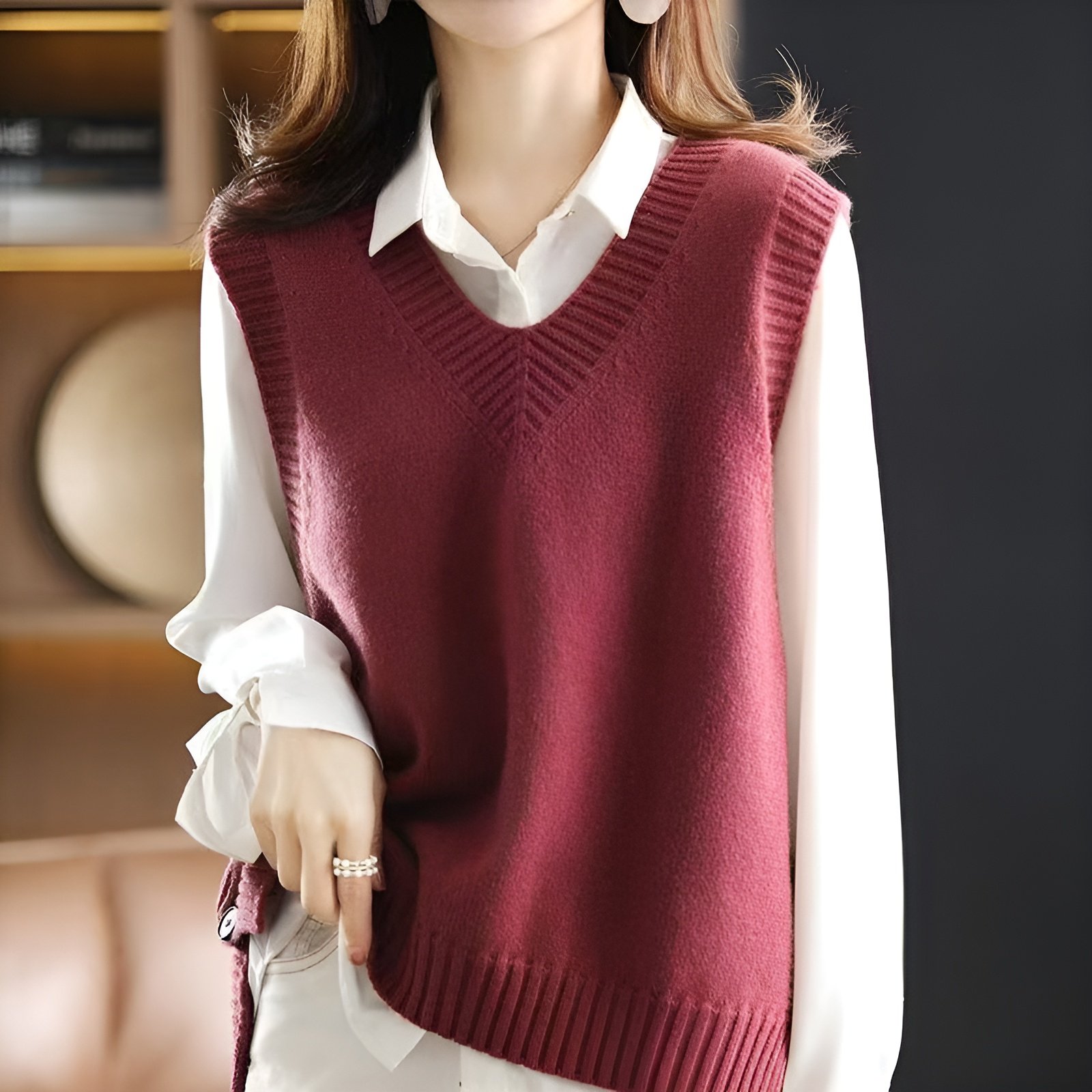 春秋用重ね着Vネックニットベスト ノースリーブトップス 体型カバー ゆったりデザイン
