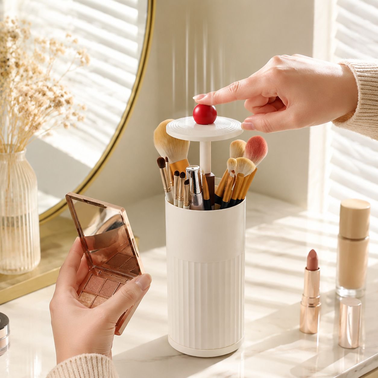 Automatic Cosmetic Organizer with Dustproof Lid on vanity table