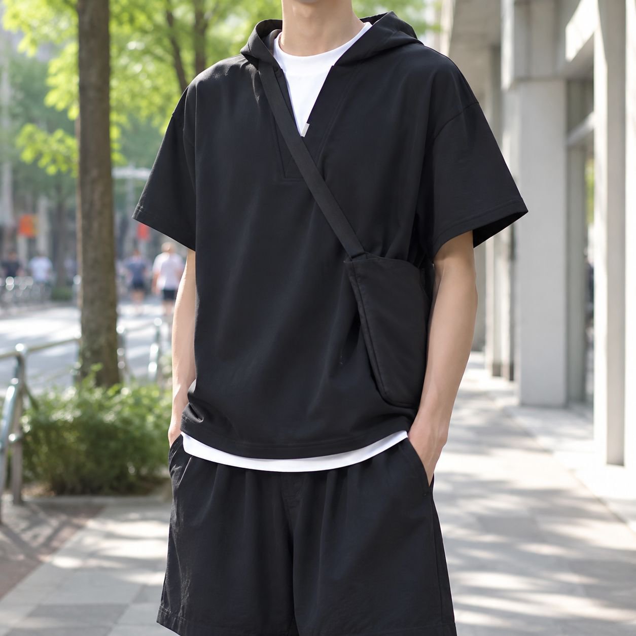 メンズゆったりストリートレイヤード風フード付き半袖Tシャツ 280gコットン 春夏新作