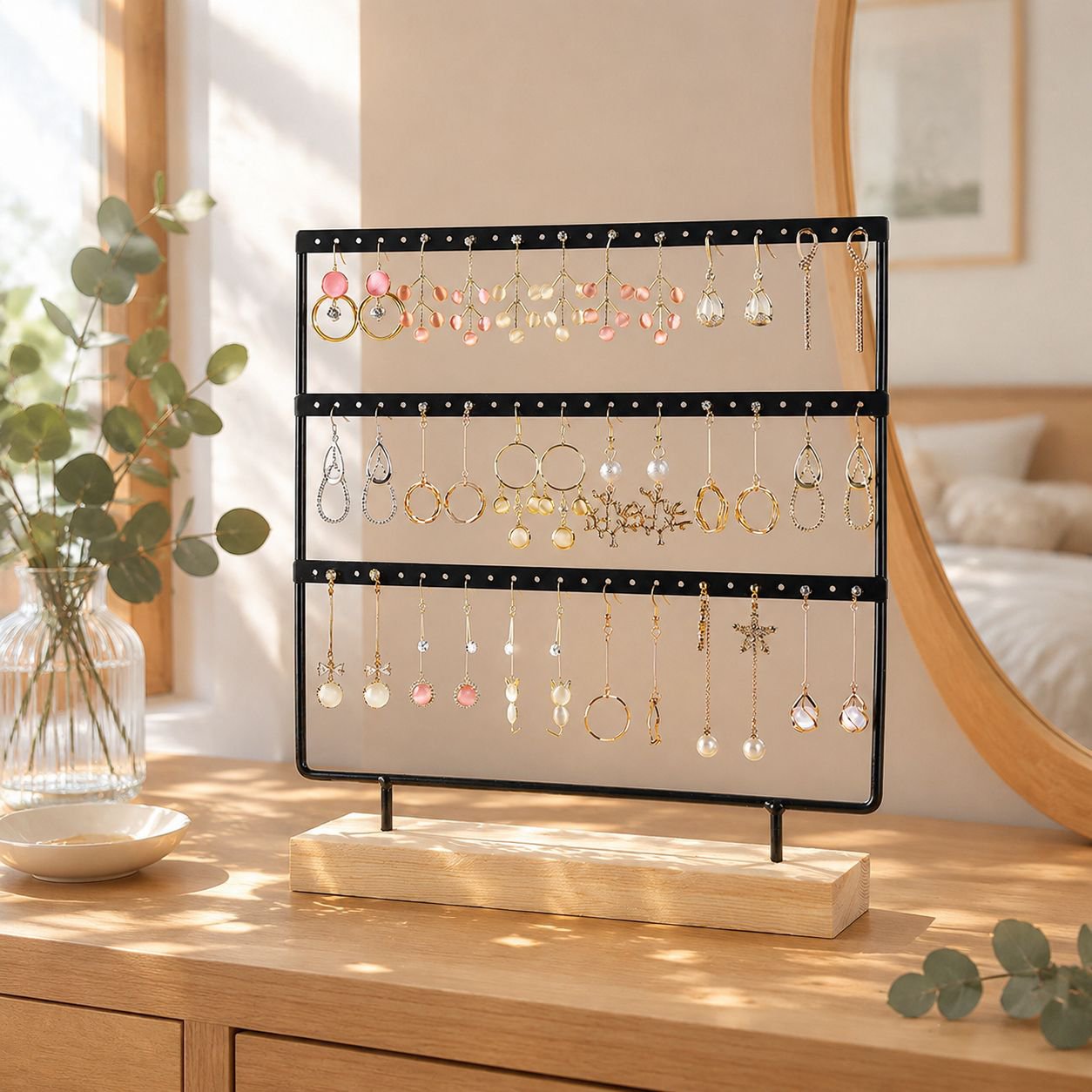 Jewelry display rack, solid wood and wrought iron earring holder, home earring storage, jewelry rack