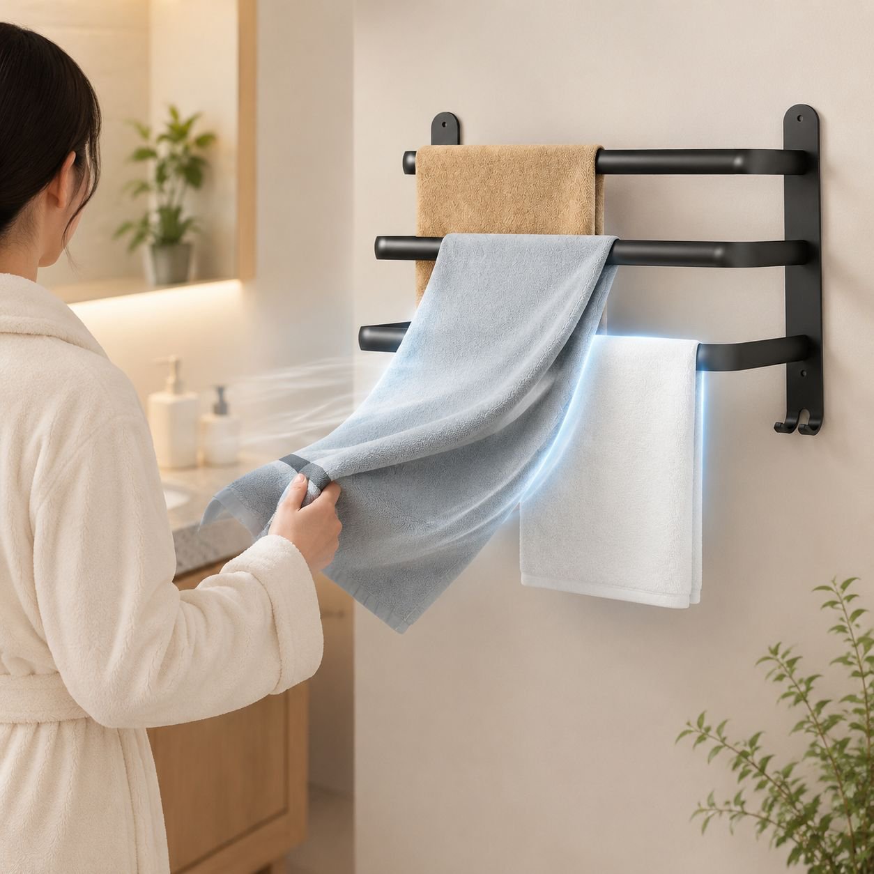タオルと小物をまとめて収納できる一体型ラック