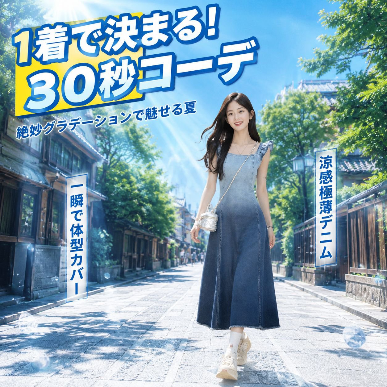 女性用ウエストシェイプグラデーションデニムジャンパースカート