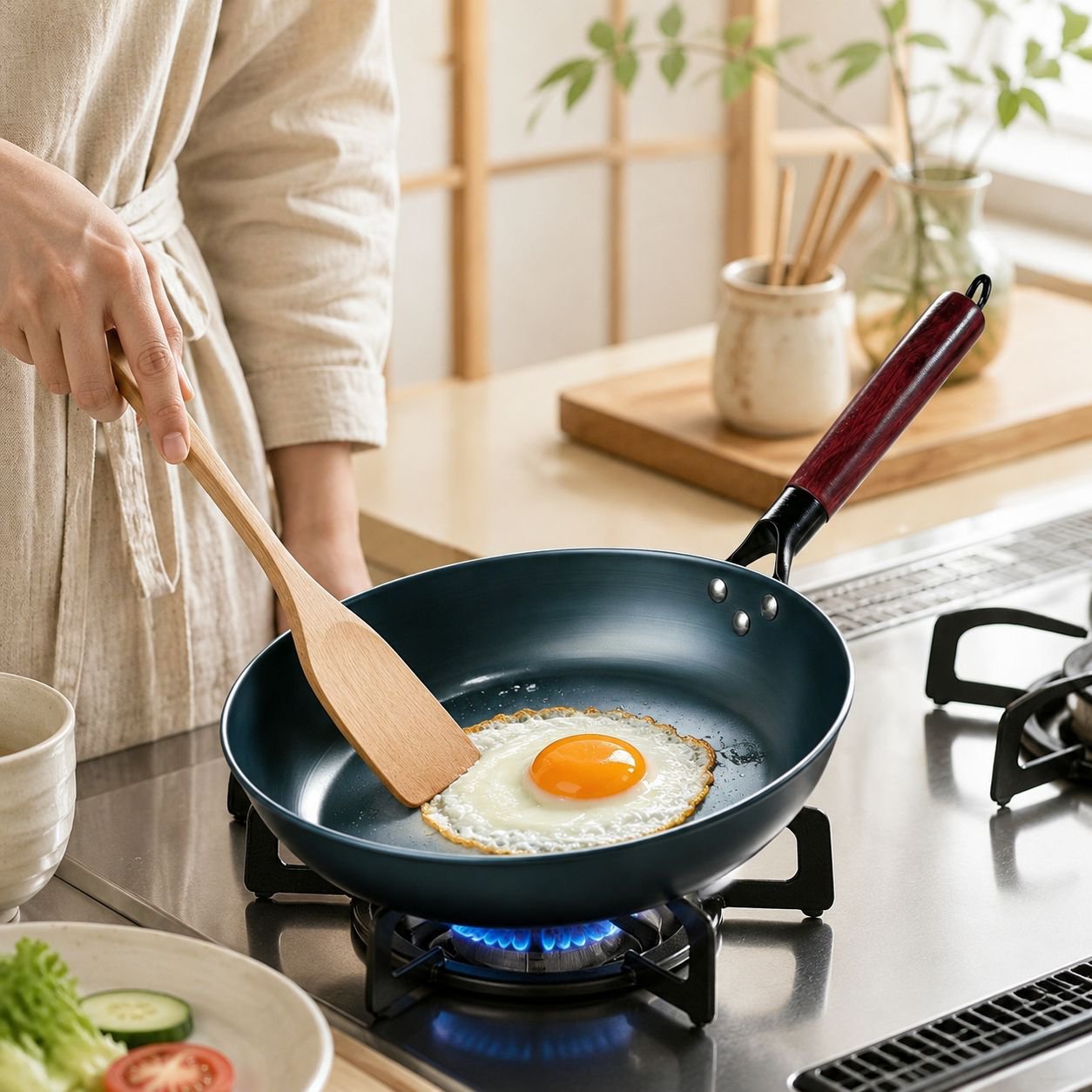 焦げ付き防止加工のフライパン。ガスコンロとIHクッキングヒーターの両方に対応。コーティングなし。