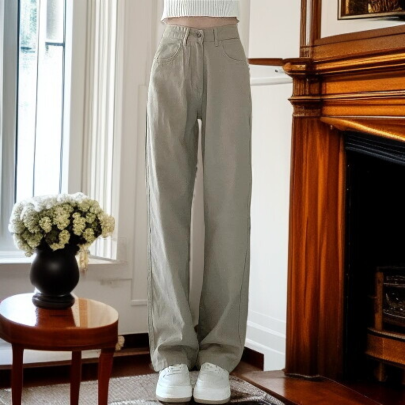 여성 와이드 카키 하이웨스트 슬림핏 캐주얼 팬츠 정면 착용샷