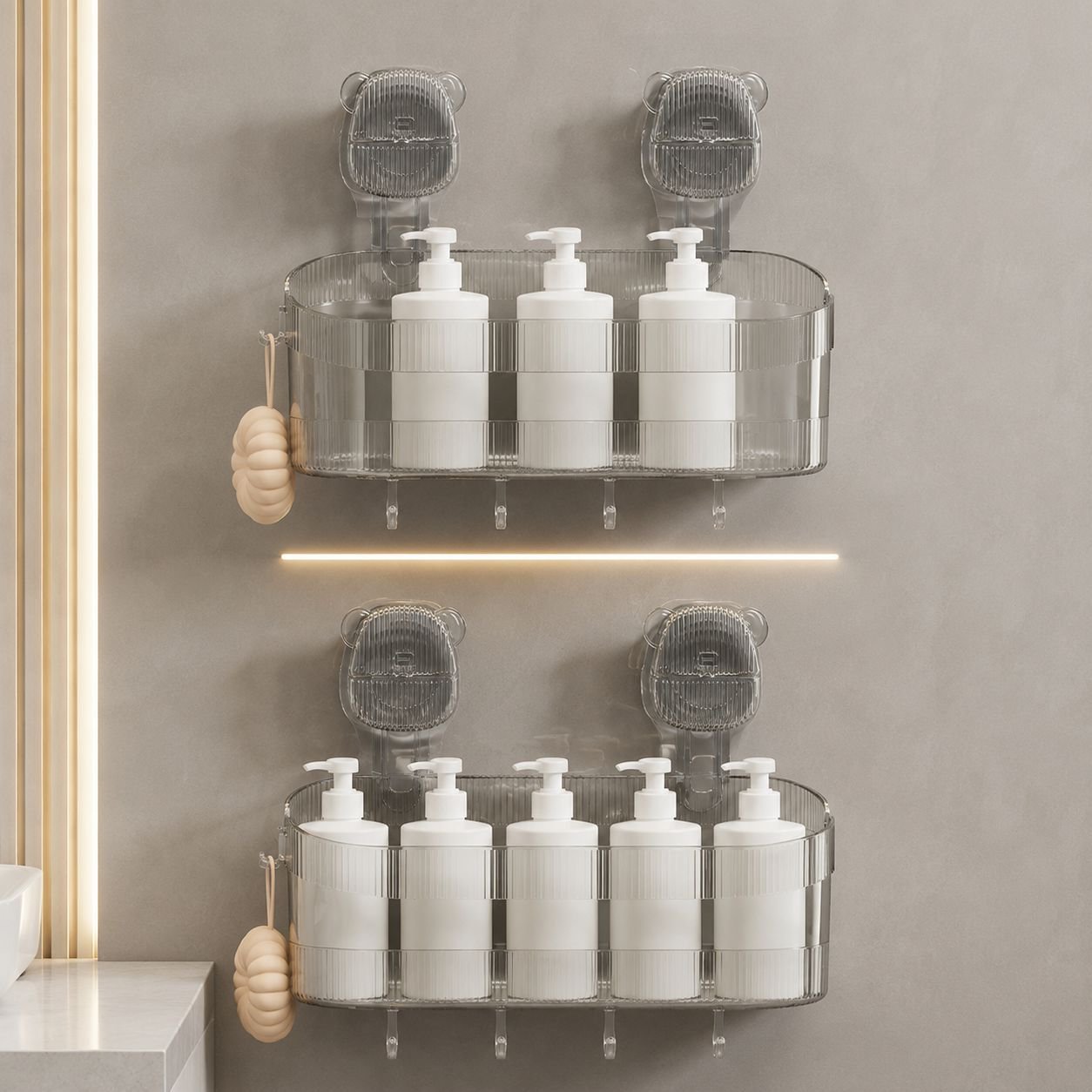 Suction cup wall shelf holding toiletries