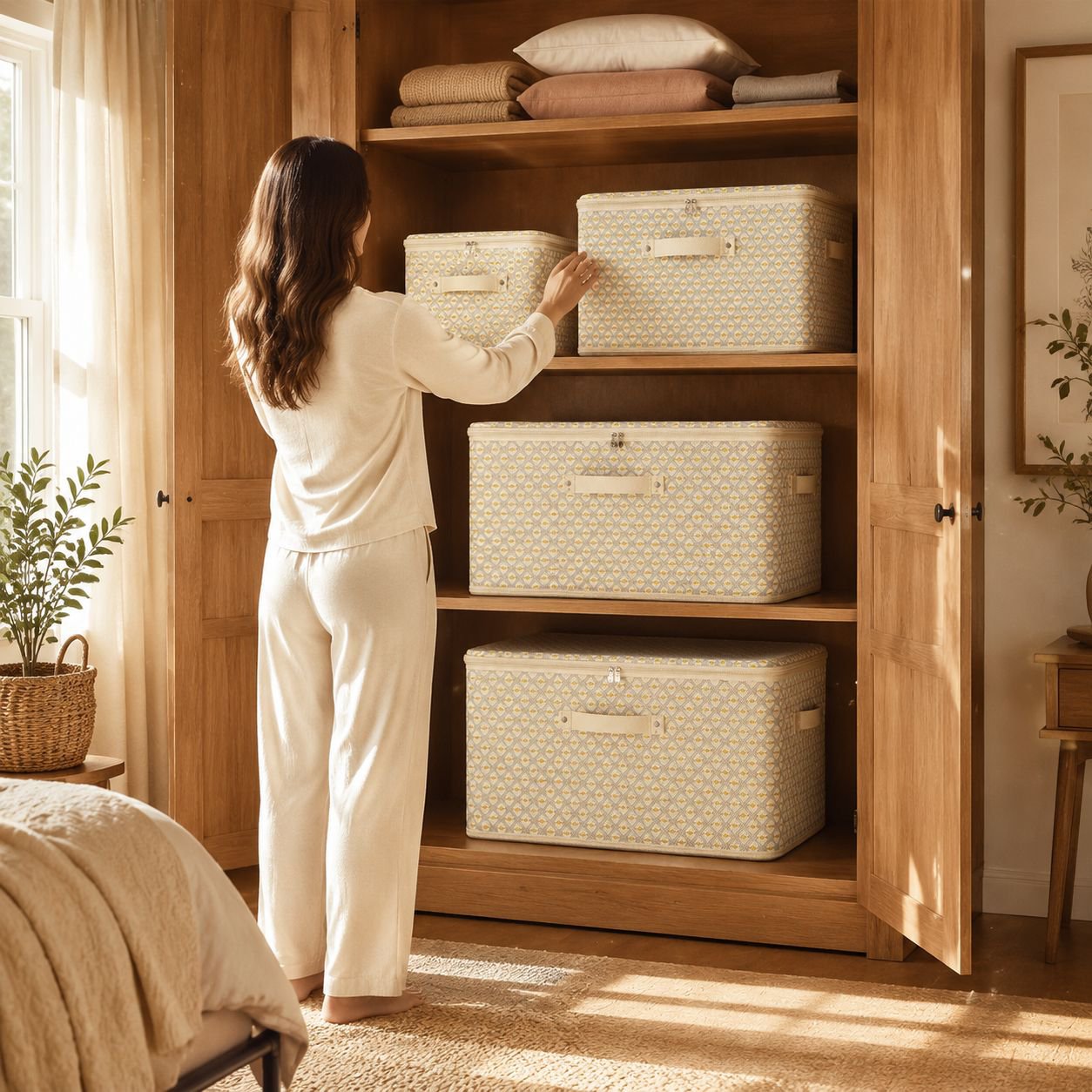 Portable wardrobe organizer storing clothes and shoes