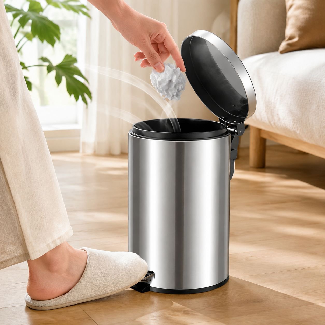 Slow-Close Lid Pedal Trash Can for Kitchen and Bathroom