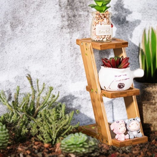 25*10*18cm デスクトップフラワースタンド 小さな植木鉢用植物スタンド 竹製 小さな鉢植え植物に最適