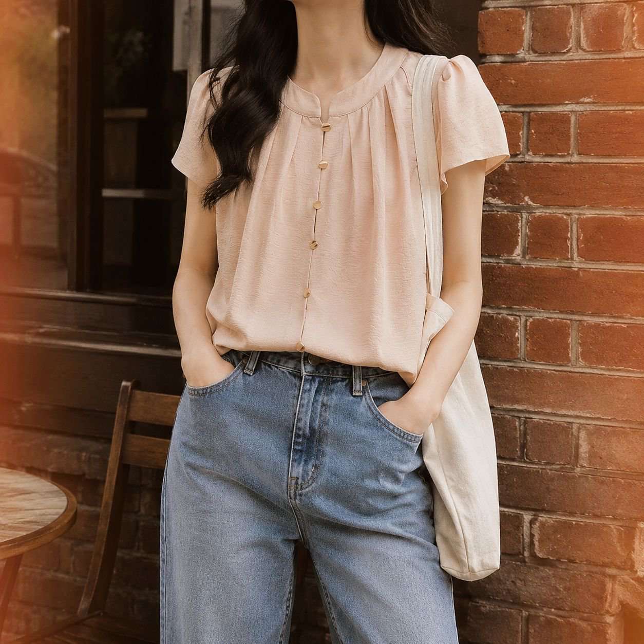 여성 슬림 라운드 반팔 셔츠