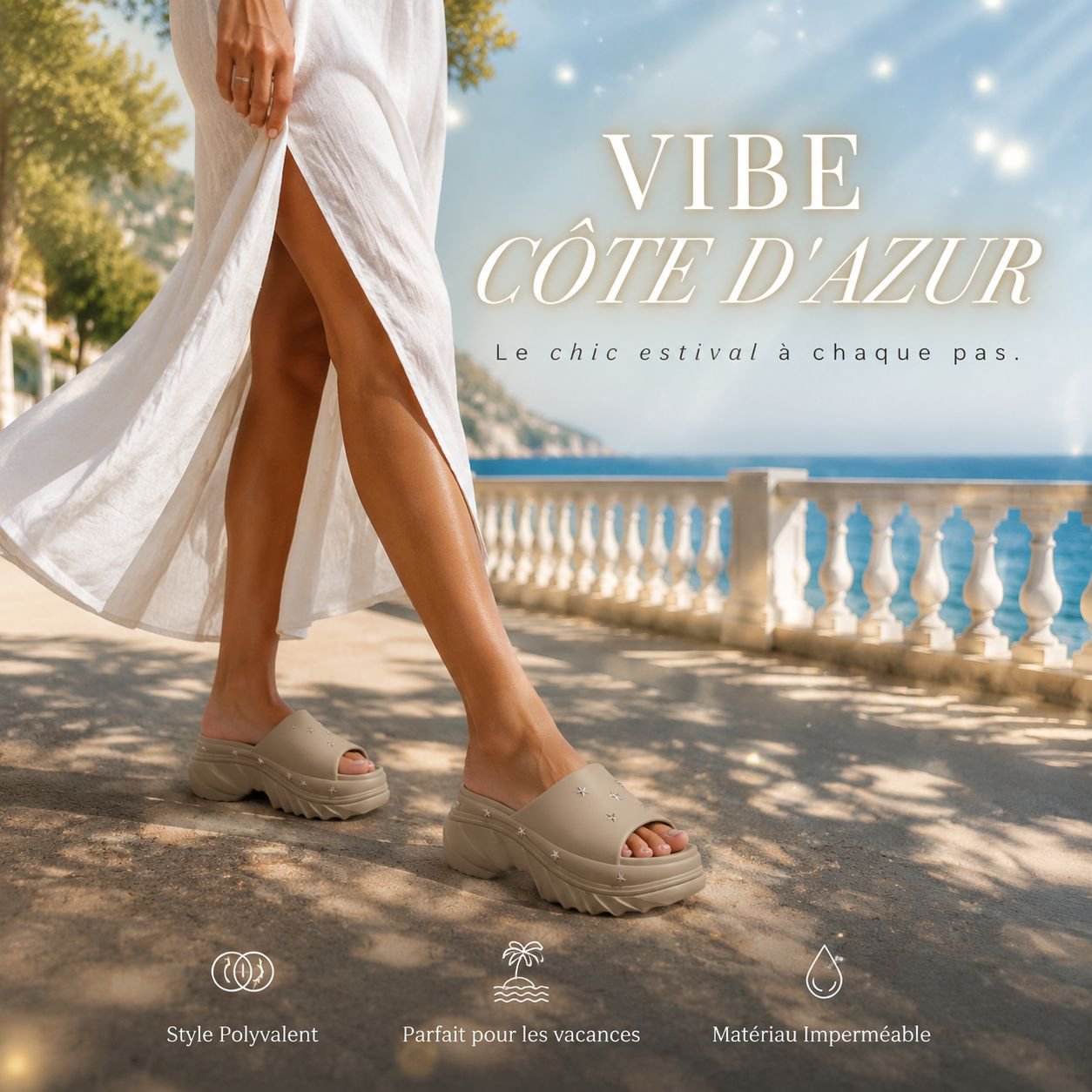 Sandales plateforme femme décor étoiles, talons hauts confortables