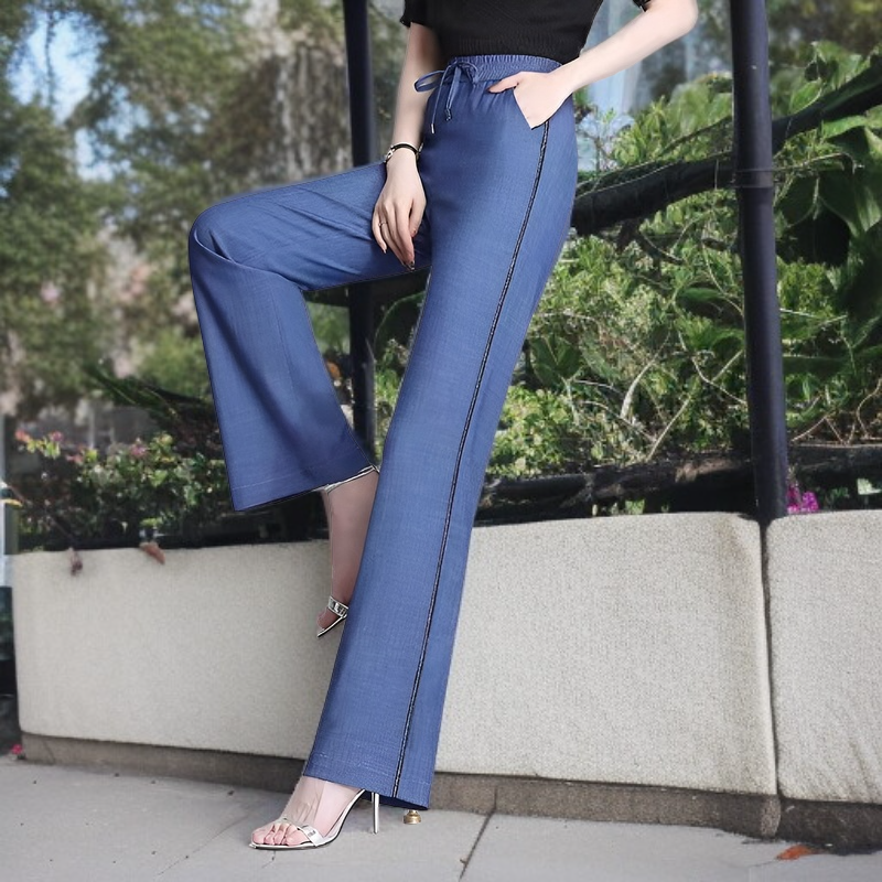 テンセルジーンズ 夏 レディース ハイウエスト ジーンズ 伸縮性 ソフト ジーンズ 伸縮性ウエスト ワイドレッグパンツ 中高年 プラスサイズ パンツ