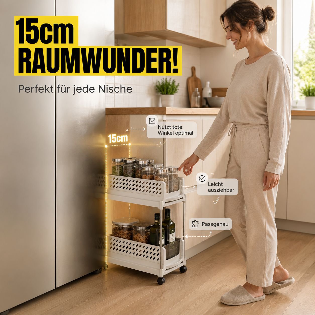 Mehrstöckiger, schmaler Rollwagen, Küchen-Unterschrankregal, Schubladendesign