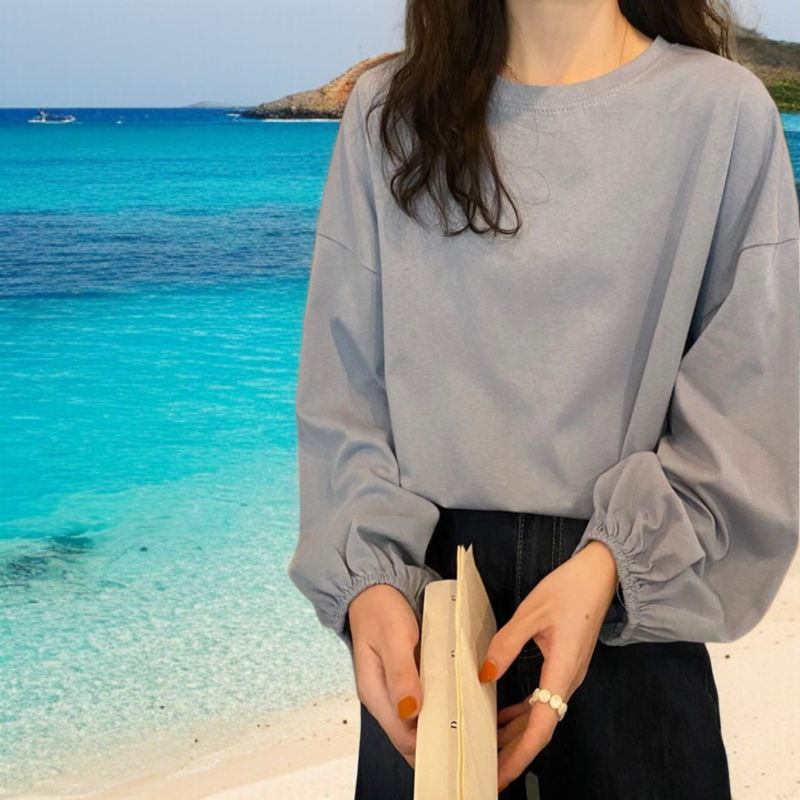 루즈핏 벌룬 소매 긴팔 티셔츠 착용샷