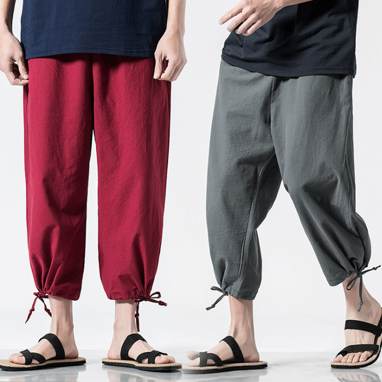 【メンズハロンパンツ】夏、ゆったり、大きいサイズ、リネン、コットン、七分丈パンツ