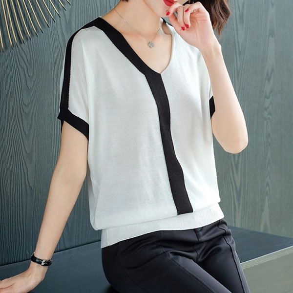 ニットtシャツ  ブラウス カットソー Vネック 3タイプ 通気吸汗 ゆったり カジュアル